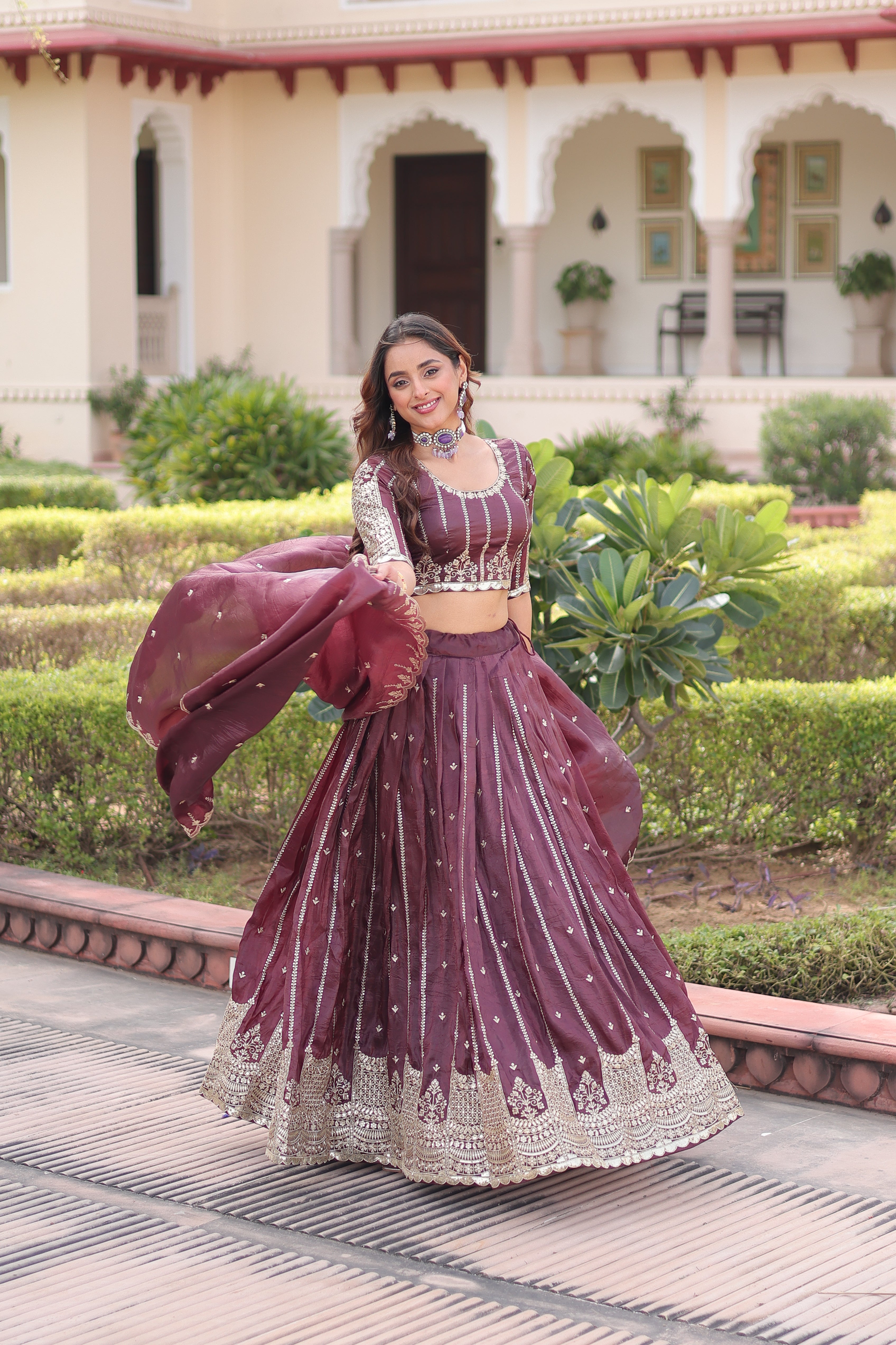 Vireen Brown Color Gold Crush Sequins Zari Embroidered Work Lehenga Choli