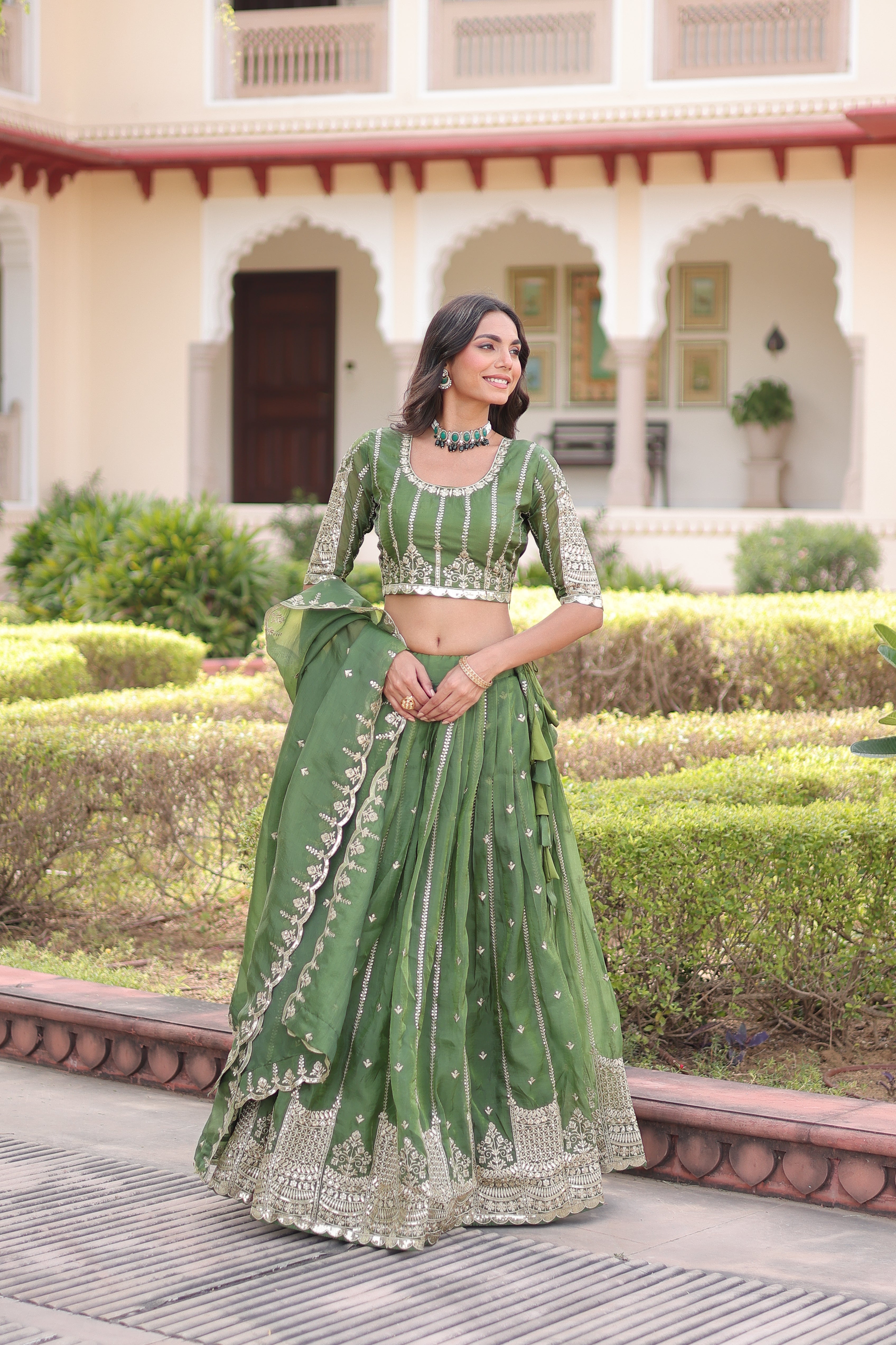 Vireen Green Color Gold Crush Sequins Zari Embroidered Work Lehenga Choli