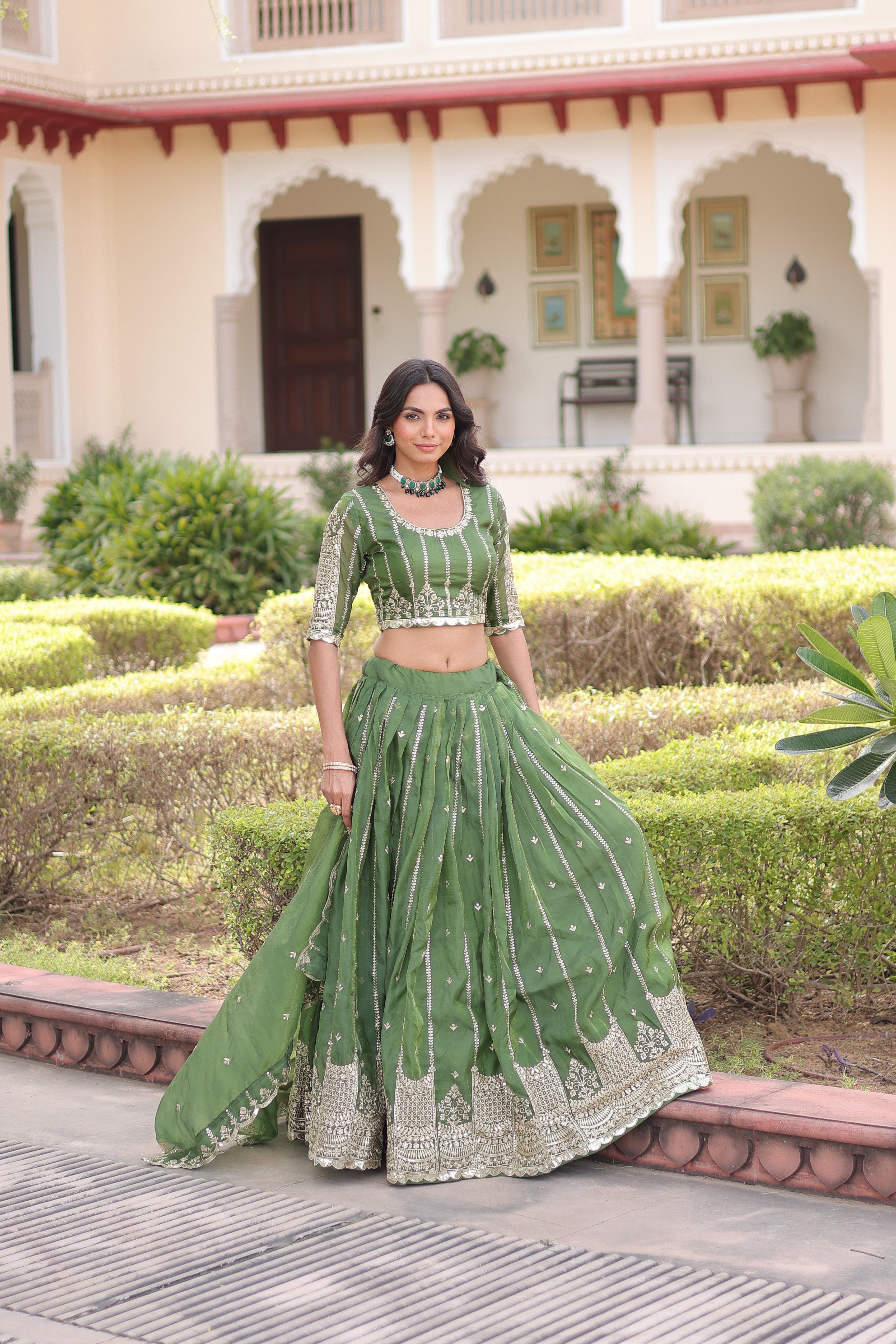 Vireen Green Color Gold Crush Sequins Zari Embroidered Work Lehenga Choli