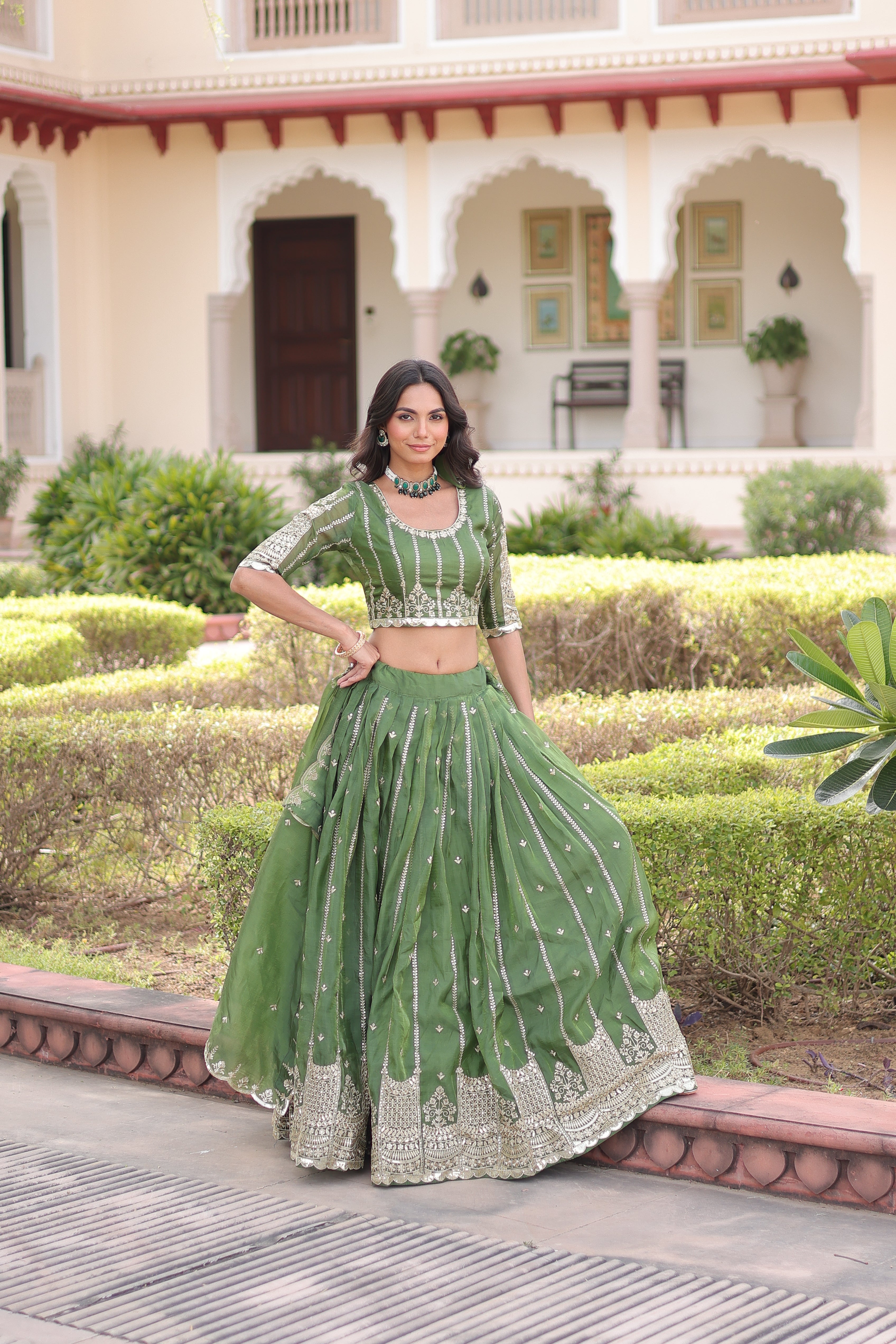 Vireen Green Color Gold Crush Sequins Zari Embroidered Work Lehenga Choli
