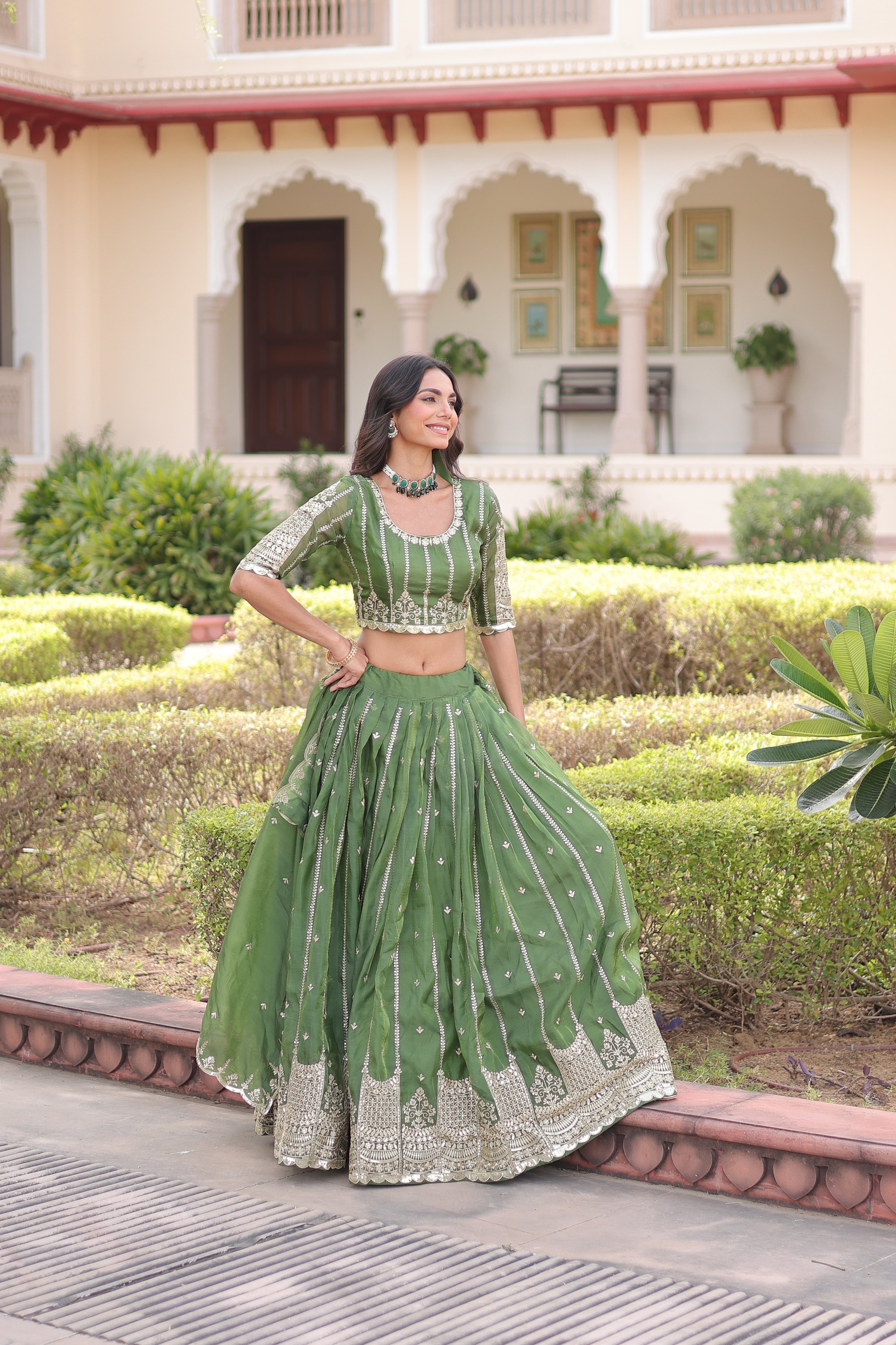 Vireen Green Color Gold Crush Sequins Zari Embroidered Work Lehenga Choli