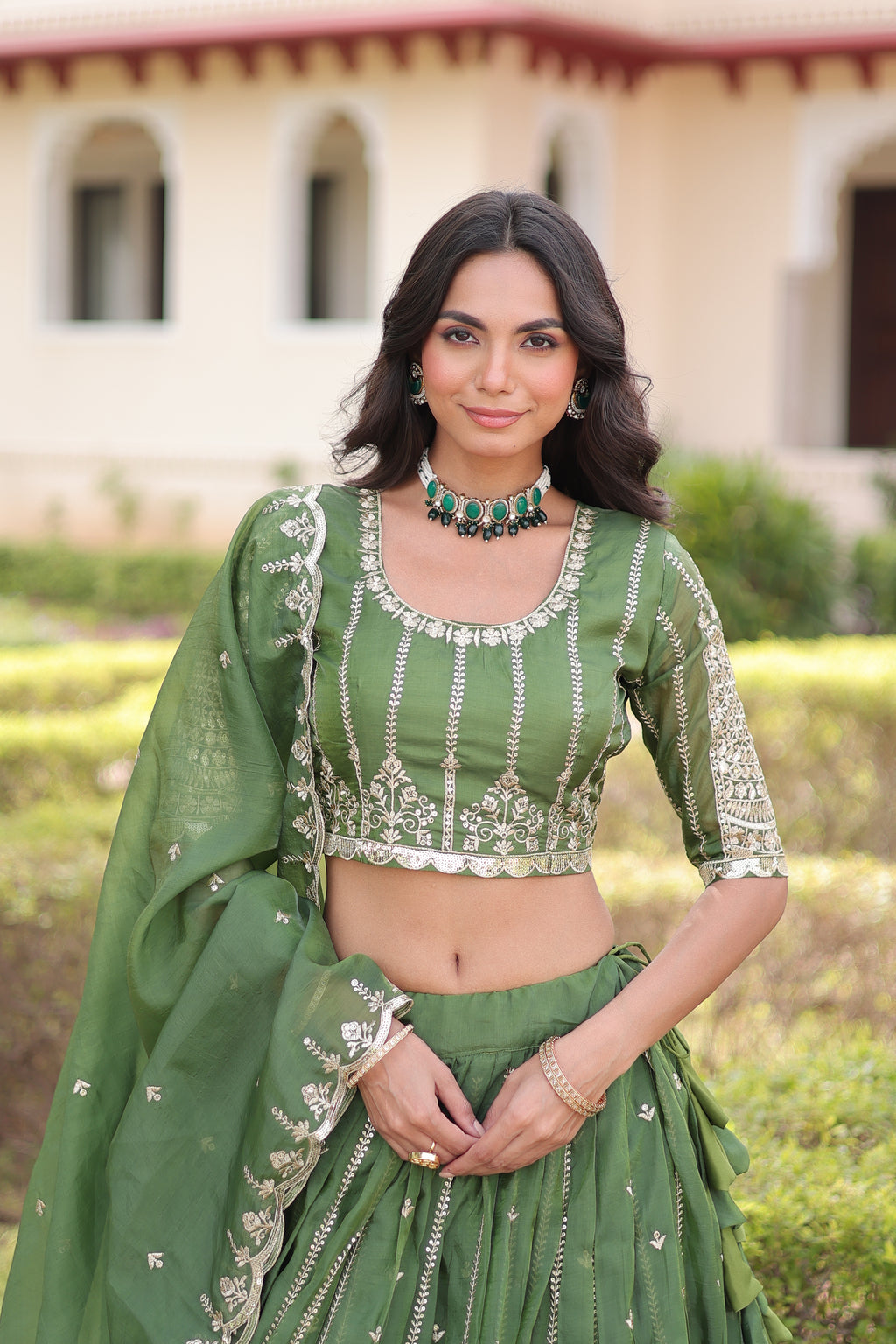 Vireen Green Color Gold Crush Sequins Zari Embroidered Work Lehenga Choli