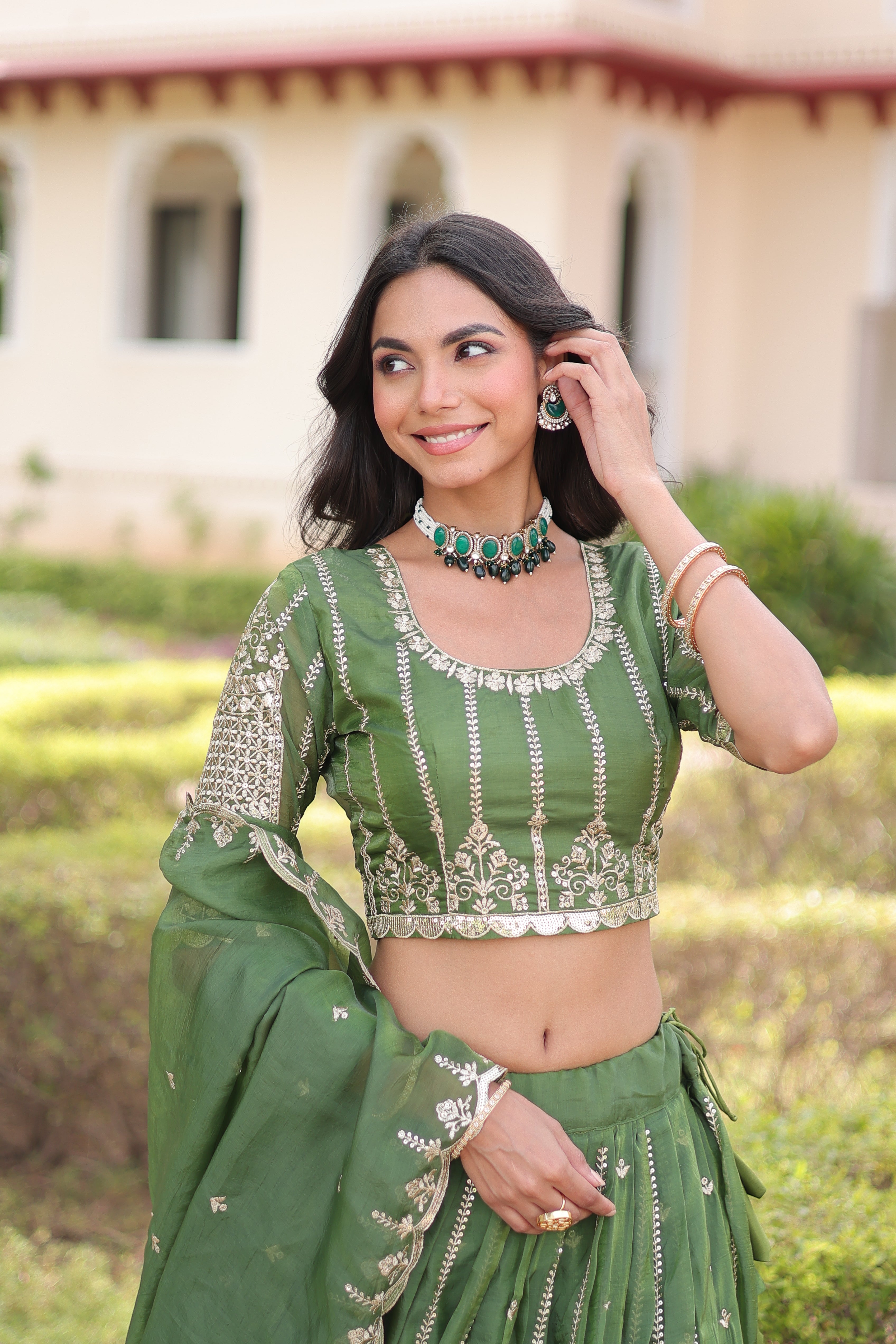 Vireen Green Color Gold Crush Sequins Zari Embroidered Work Lehenga Choli