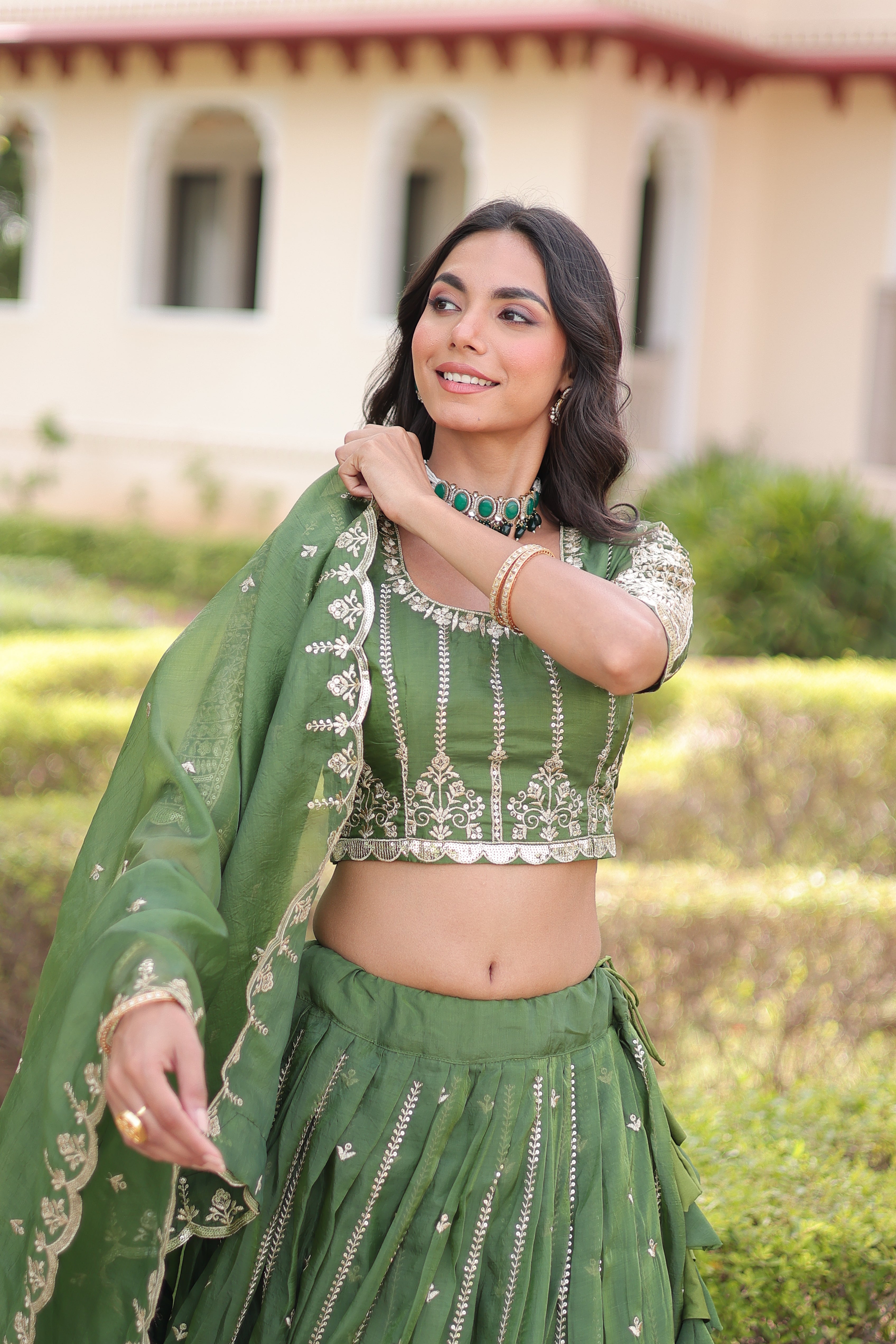 Vireen Green Color Gold Crush Sequins Zari Embroidered Work Lehenga Choli