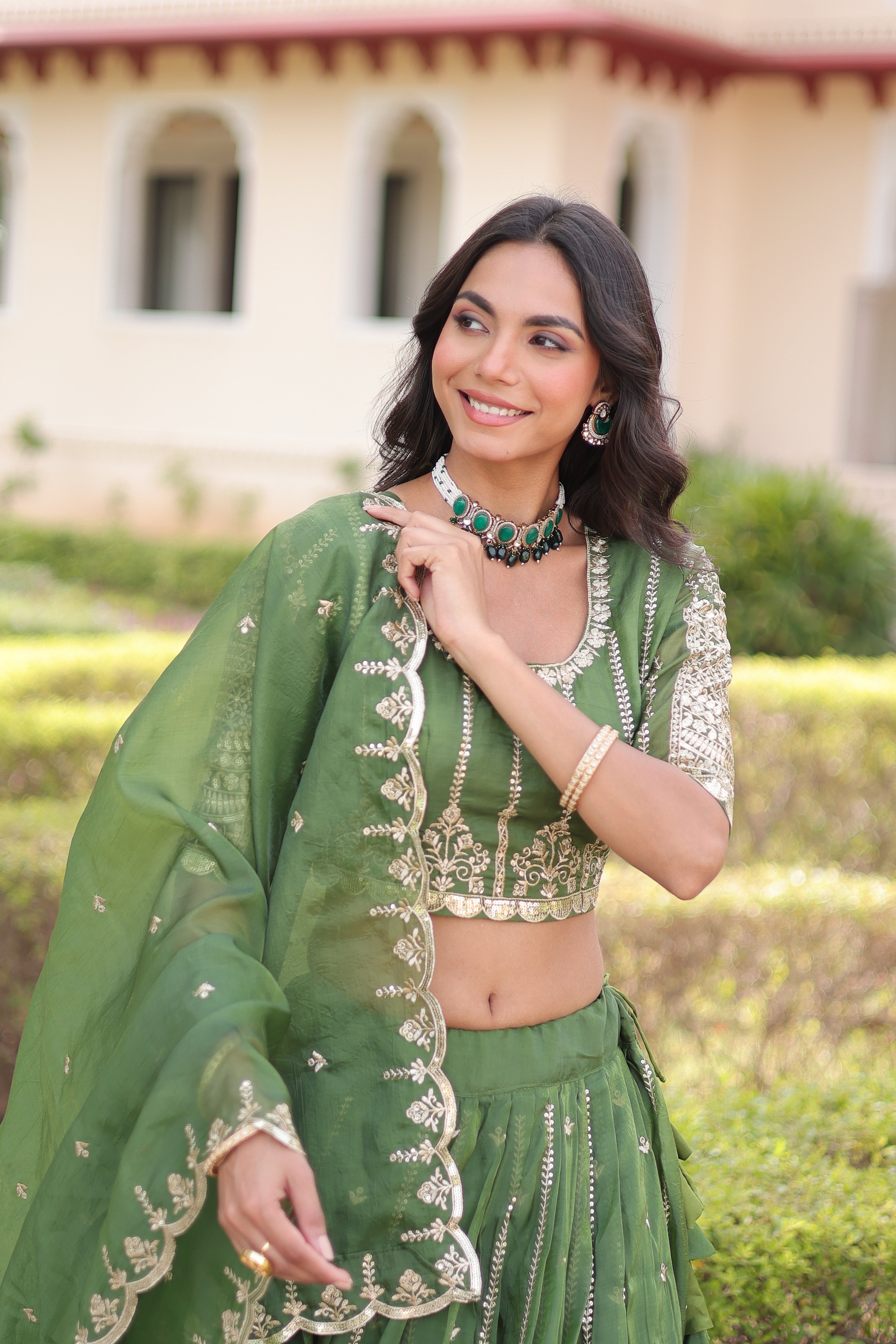 Vireen Green Color Gold Crush Sequins Zari Embroidered Work Lehenga Choli