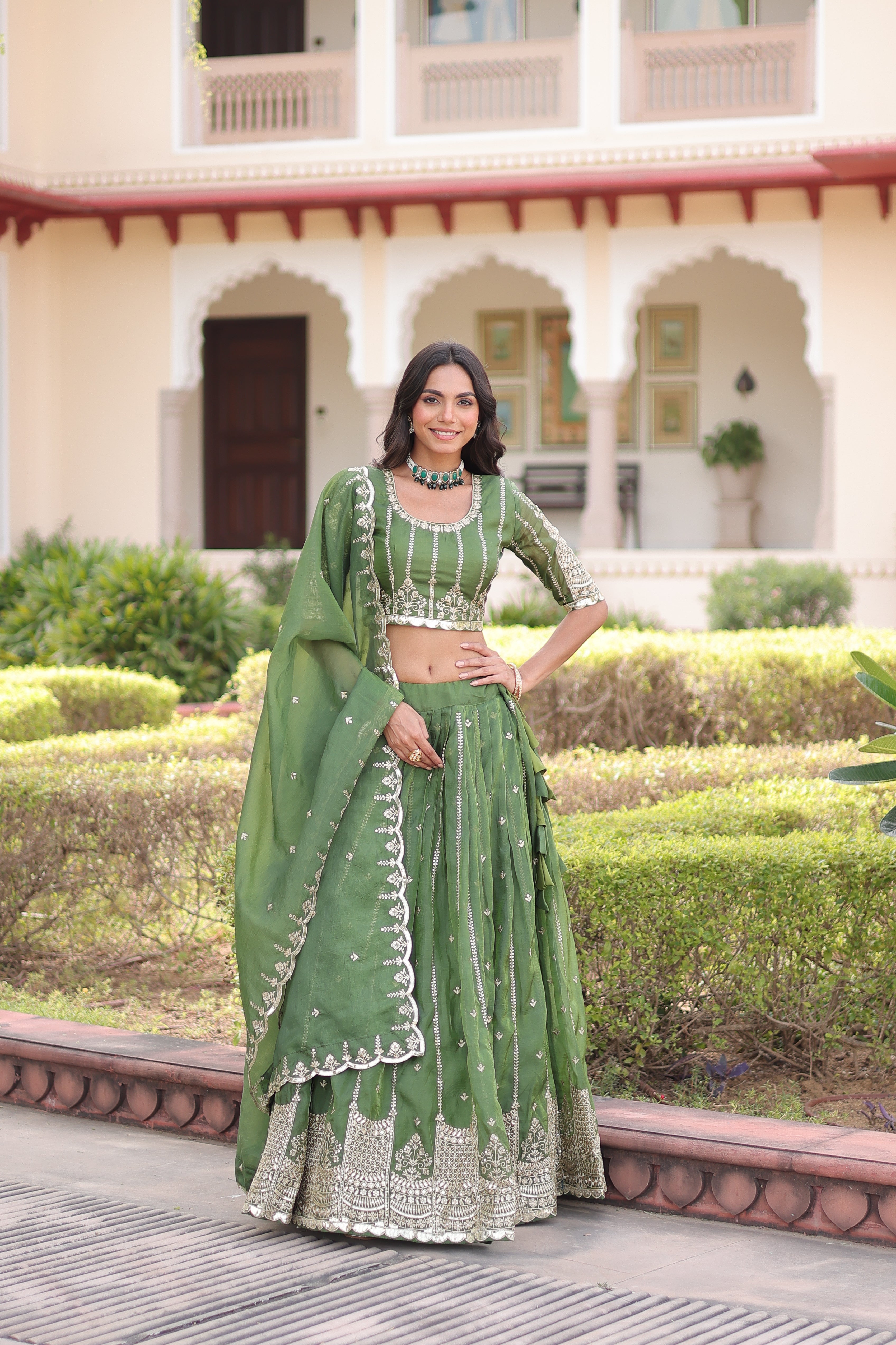 Vireen Green Color Gold Crush Sequins Zari Embroidered Work Lehenga Choli