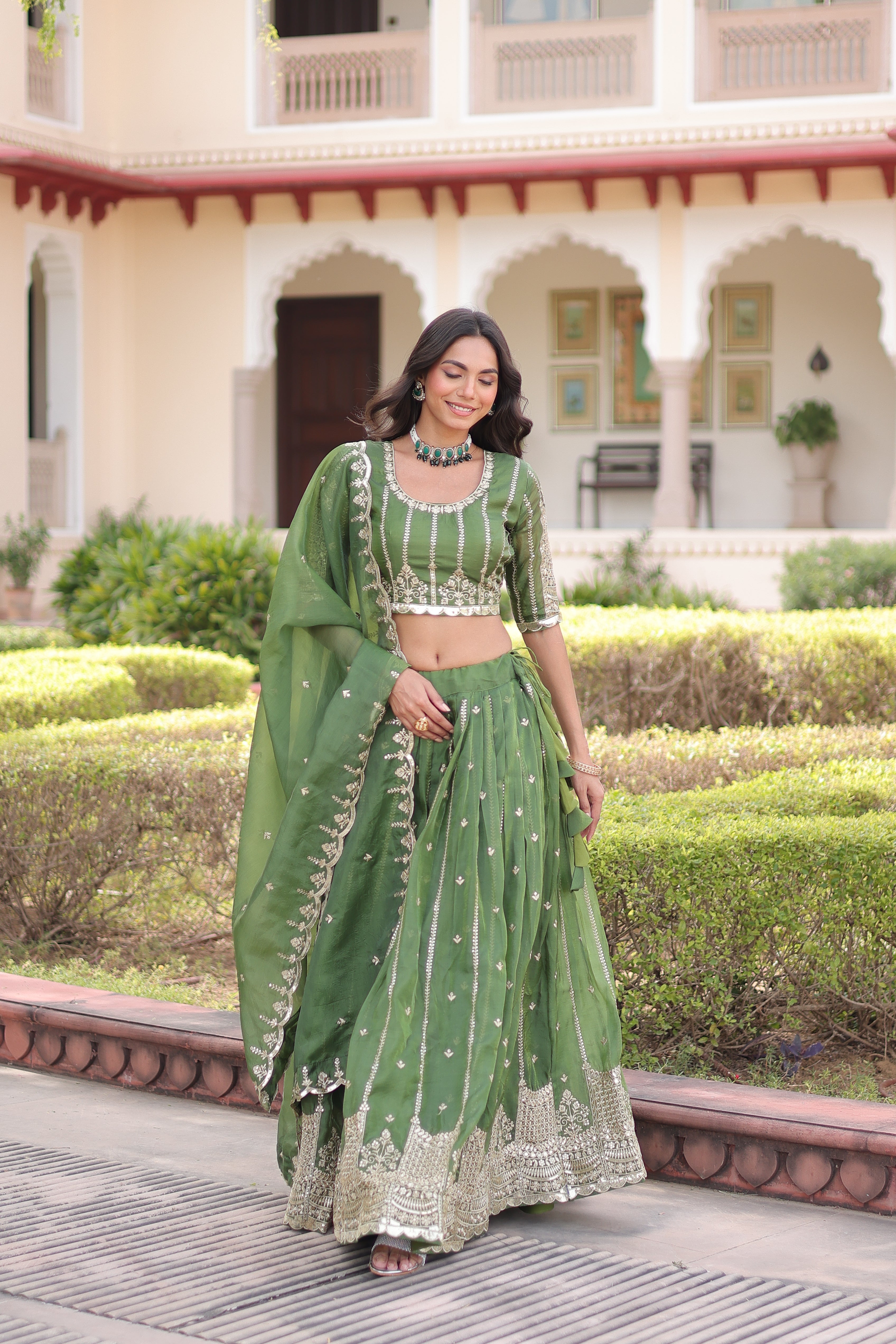 Vireen Green Color Gold Crush Sequins Zari Embroidered Work Lehenga Choli