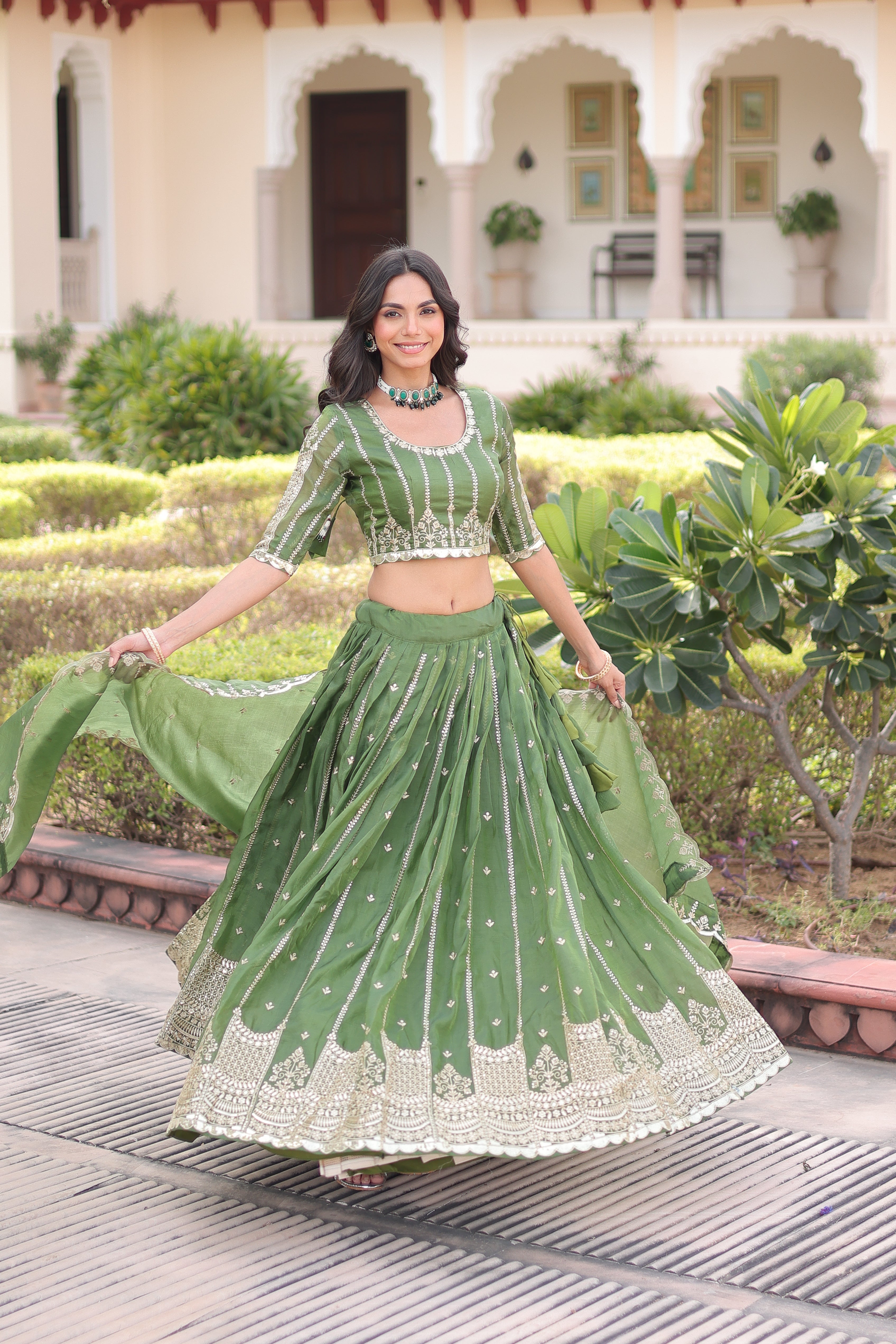 Vireen Green Color Gold Crush Sequins Zari Embroidered Work Lehenga Choli