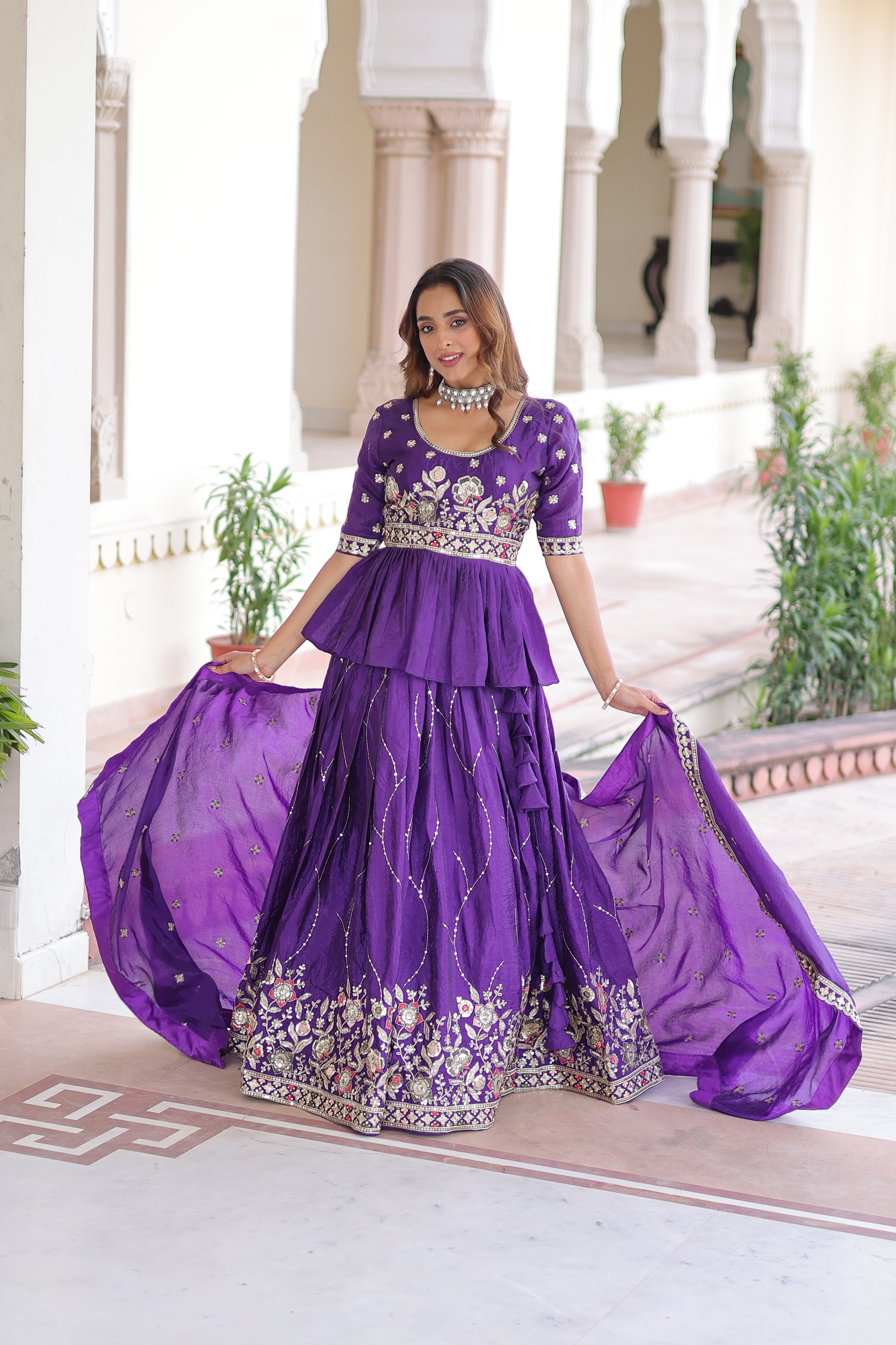 Nimi Purple Color Gold Crush Embroidery Zari Sequins Work Lehenga Choli
