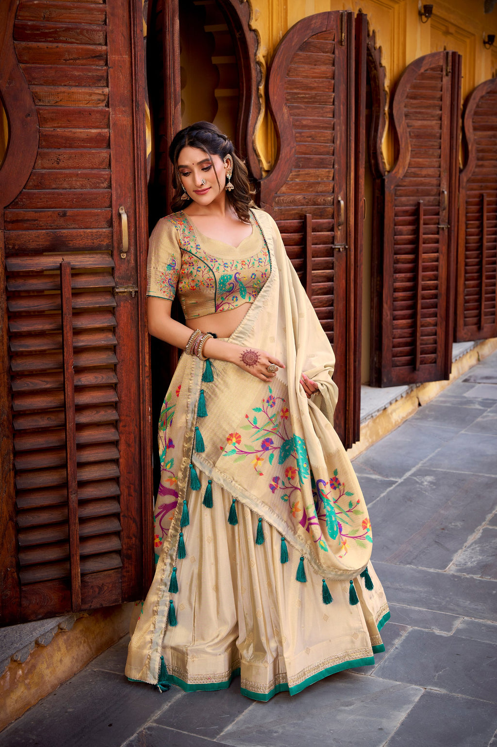 Kalyani cream shimmer paithani zari weaving green border lehenga choli set