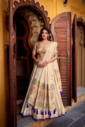 Kalyani cream shimmer paithani zari weaving purple border lehenga choli set