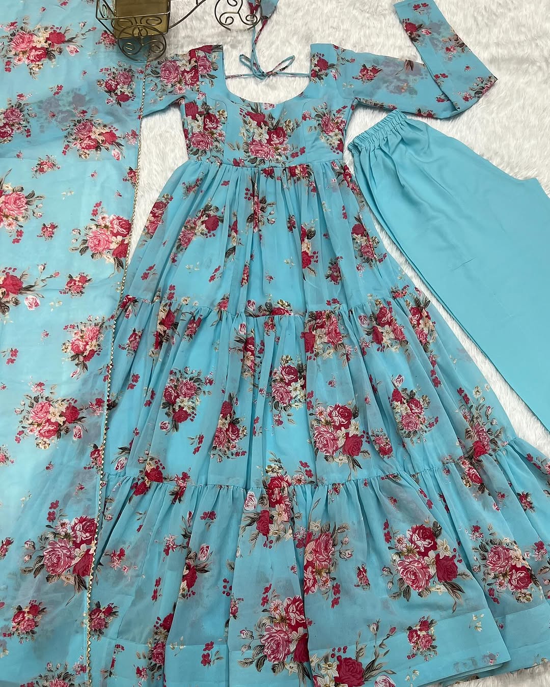 Kanika Sky Blue Flared Georgette Huge Flair Anarkali Suit Set