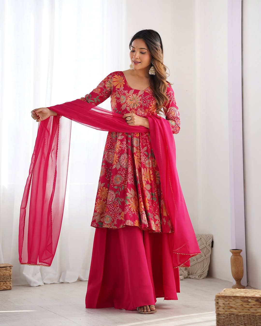Karisma Roman Silk Flair Pink Kurti Plazzo Set