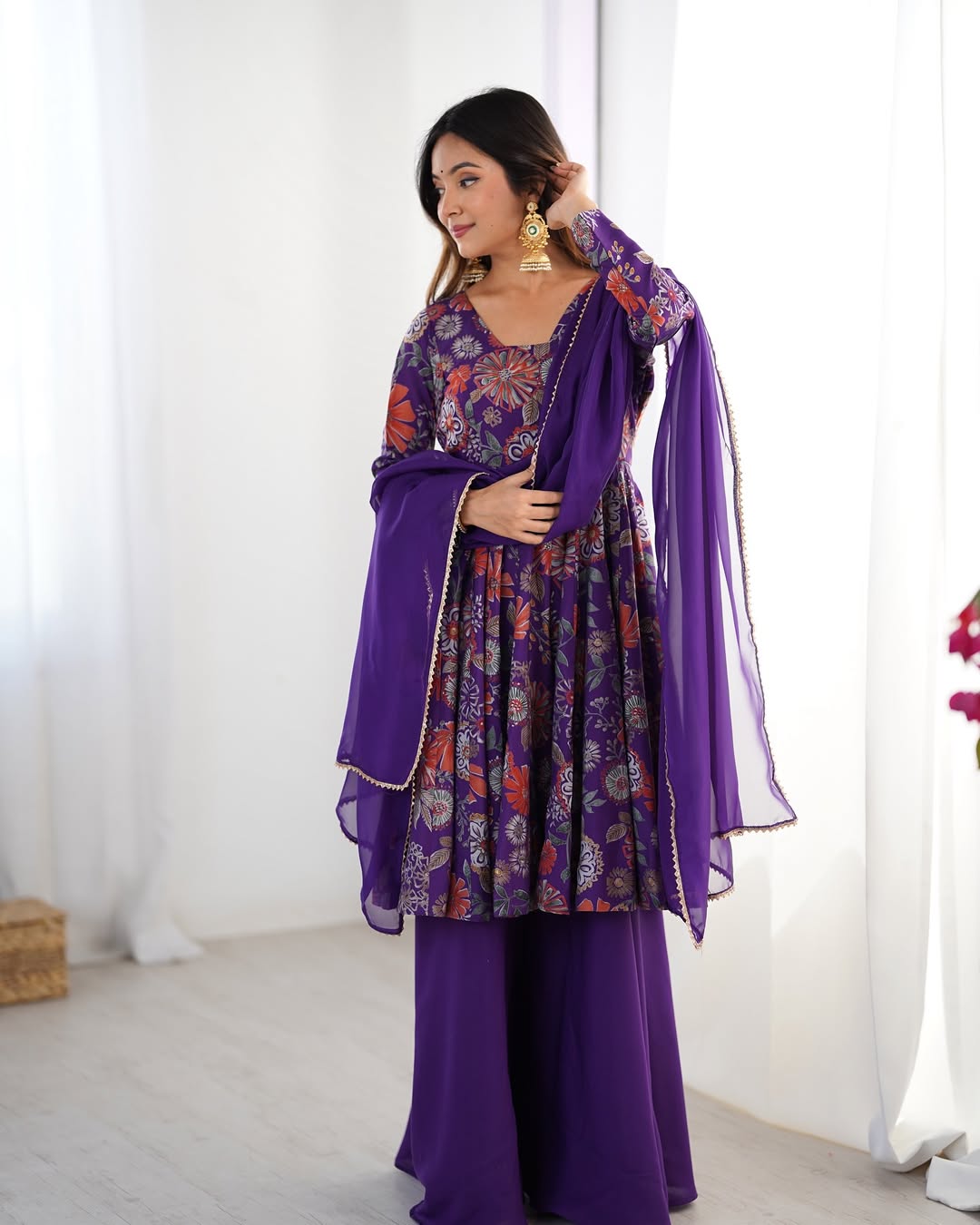 Karisma Purple Kurti Plazzo Set – Roman Silk Chanderi kurti with elegant discharge print, paired with plain silk plazzo and organza dupatta with lace border; lightweight, regal ethnic wear for festive and everyday elegance.