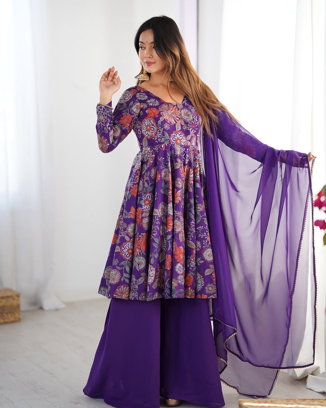 Karisma Purple Kurti Plazzo Set – Roman Silk Chanderi kurti with elegant discharge print, paired with plain silk plazzo and organza dupatta with lace border; lightweight, regal ethnic wear for festive and everyday elegance.