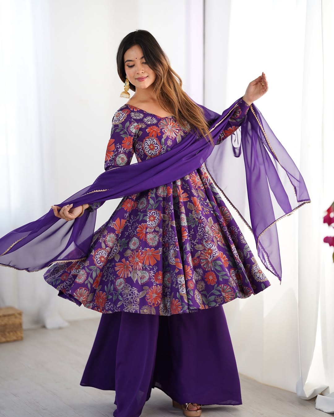 Karisma Purple Kurti Plazzo Set – Roman Silk Chanderi kurti with elegant discharge print, paired with plain silk plazzo and organza dupatta with lace border; lightweight, regal ethnic wear for festive and everyday elegance.