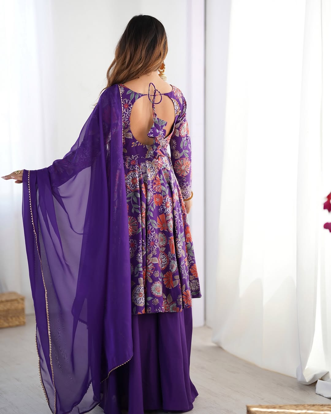 Karisma Purple Kurti Plazzo Set – Roman Silk Chanderi kurti with elegant discharge print, paired with plain silk plazzo and organza dupatta with lace border; lightweight, regal ethnic wear for festive and everyday elegance.