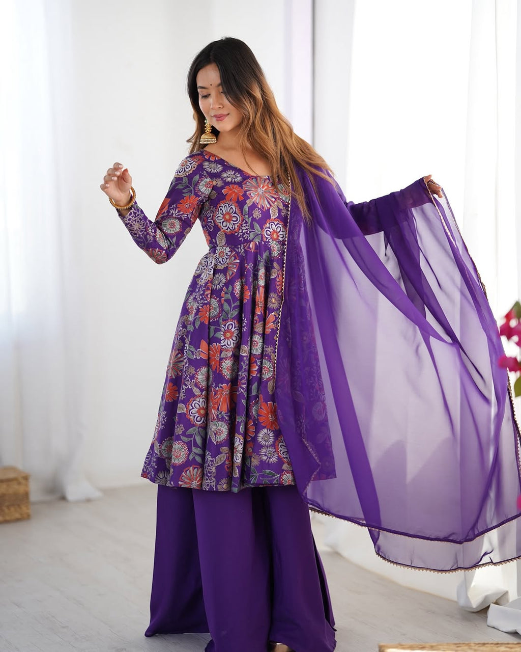 Karisma Purple Kurti Plazzo Set – Roman Silk Chanderi kurti with elegant discharge print, paired with plain silk plazzo and organza dupatta with lace border; lightweight, regal ethnic wear for festive and everyday elegance.