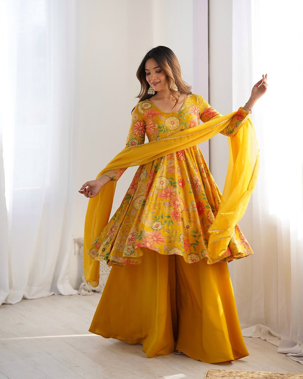 Karisma Roman Silk Flair Yellow Kurti Plazzo Set