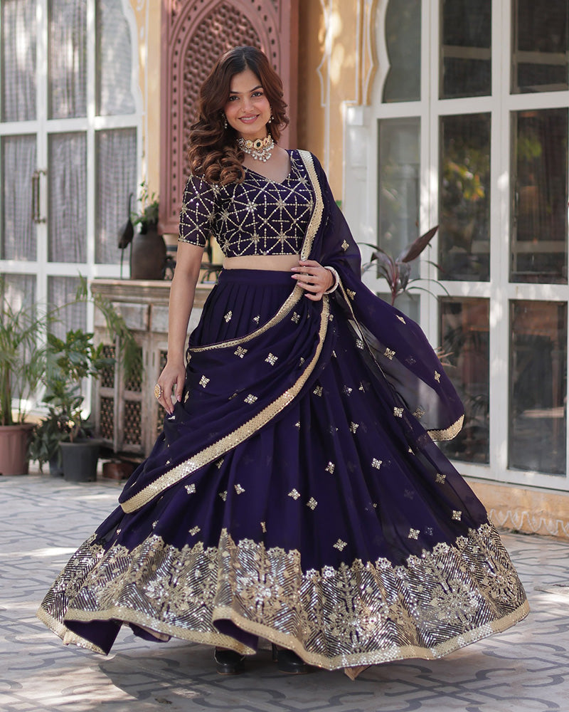 Kiana Dark Purple Rangoli Silk Lehenga Choli with Intricate Embroidery, Heavy Work, and Designer Appeal – Perfect for Weddings, Brides, and Festive Celebrations.