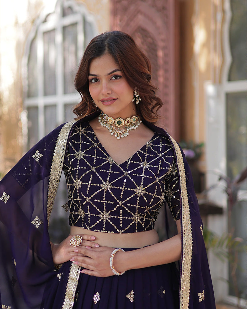 Kiana Dark Purple Rangoli Silk Lehenga Choli with Intricate Embroidery, Heavy Work, and Designer Appeal – Perfect for Weddings, Brides, and Festive Celebrations.