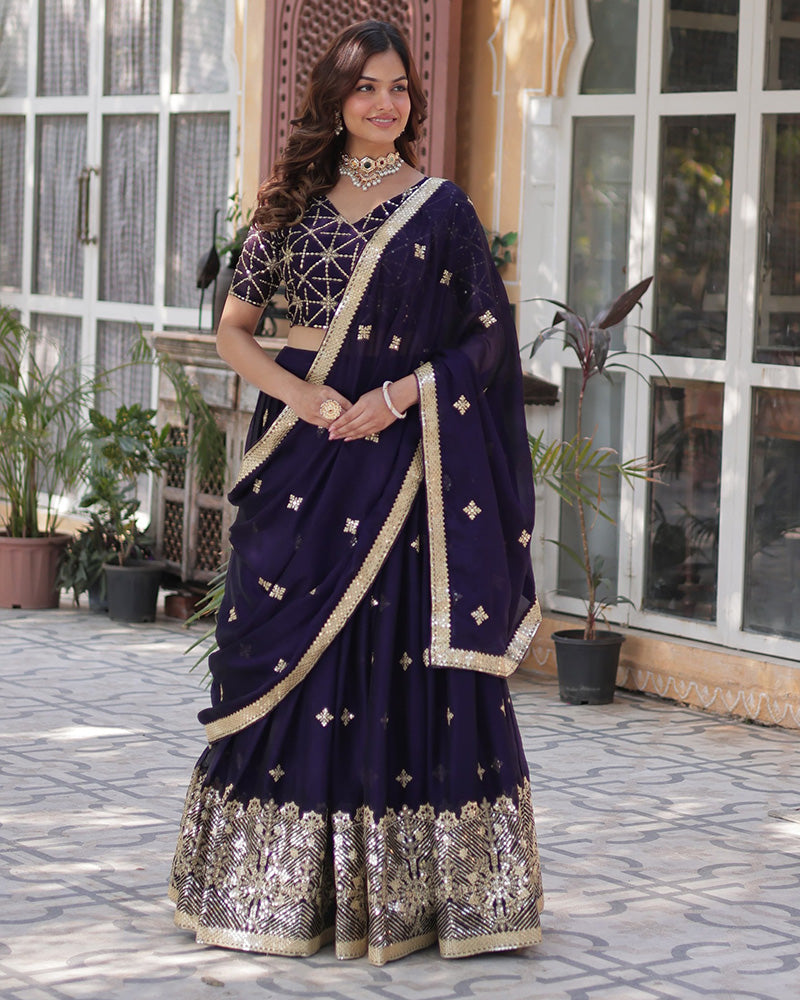 Kiana Dark Purple Rangoli Silk Lehenga Choli with Intricate Embroidery, Heavy Work, and Designer Appeal – Perfect for Weddings, Brides, and Festive Celebrations.