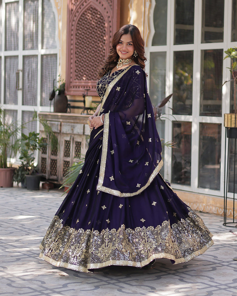 Kiana Dark Purple Rangoli Silk Lehenga Choli with Intricate Embroidery, Heavy Work, and Designer Appeal – Perfect for Weddings, Brides, and Festive Celebrations.