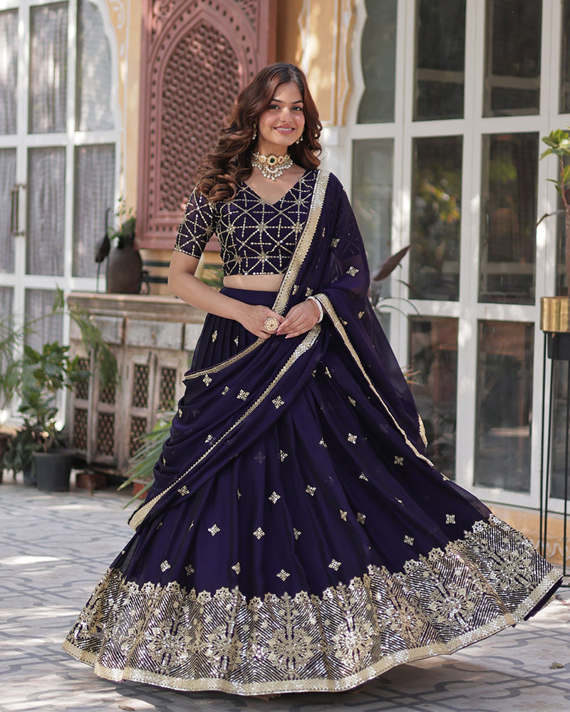 Kiana Dark Purple Rangoli Silk Lehenga Choli with Intricate Embroidery, Heavy Work, and Designer Appeal – Perfect for Weddings, Brides, and Festive Celebrations.