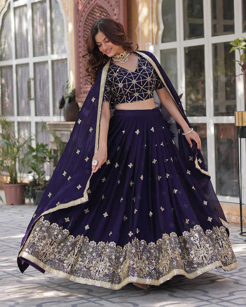 Kiana Dark Purple Rangoli Silk Lehenga Choli with Intricate Embroidery, Heavy Work, and Designer Appeal – Perfect for Weddings, Brides, and Festive Celebrations.