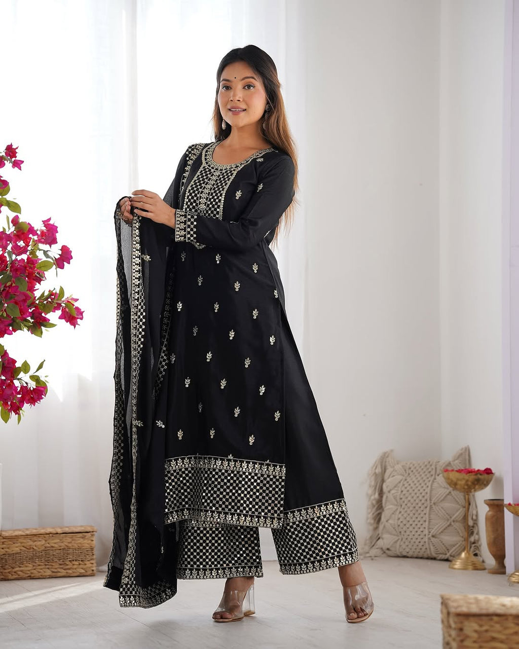  Kripali black pure Chinon silk embroidered kurti set featuring intricate zari thread and sequin embroidery, paired with matching silk trousers and a designer dupatta – perfect for luxury wedding, festive, and formal occasions in 2025.