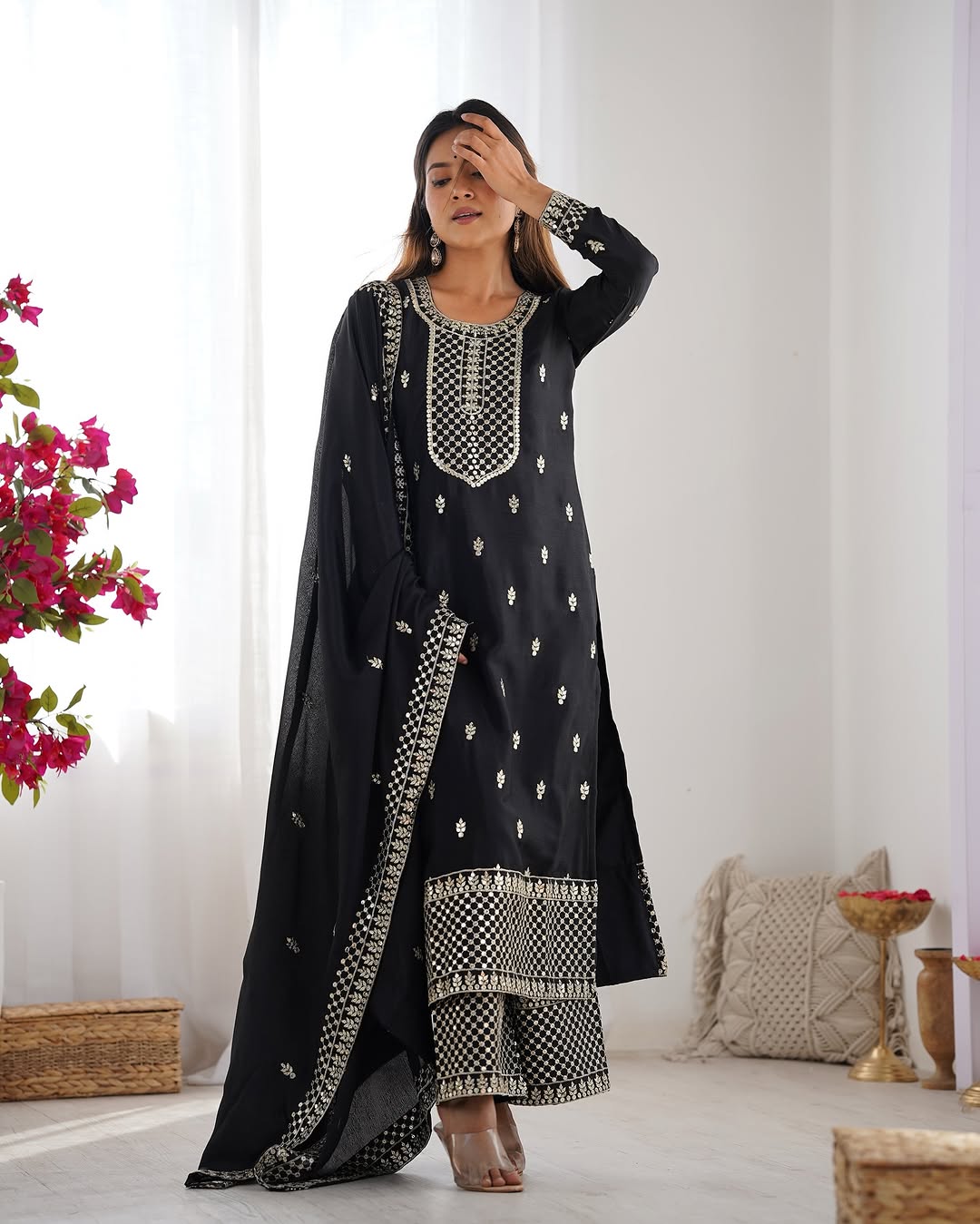  Kripali black pure Chinon silk embroidered kurti set featuring intricate zari thread and sequin embroidery, paired with matching silk trousers and a designer dupatta – perfect for luxury wedding, festive, and formal occasions in 2025.