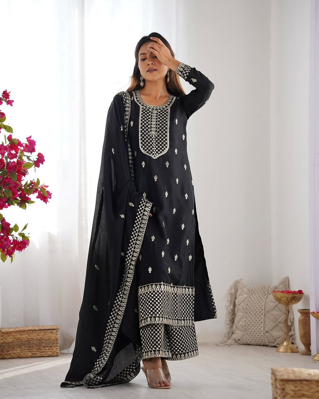  Kripali black pure Chinon silk embroidered kurti set featuring intricate zari thread and sequin embroidery, paired with matching silk trousers and a designer dupatta – perfect for luxury wedding, festive, and formal occasions in 2025.