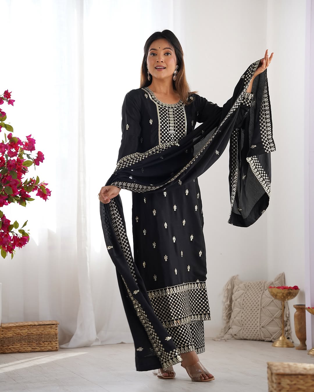  Kripali black pure Chinon silk embroidered kurti set featuring intricate zari thread and sequin embroidery, paired with matching silk trousers and a designer dupatta – perfect for luxury wedding, festive, and formal occasions in 2025.