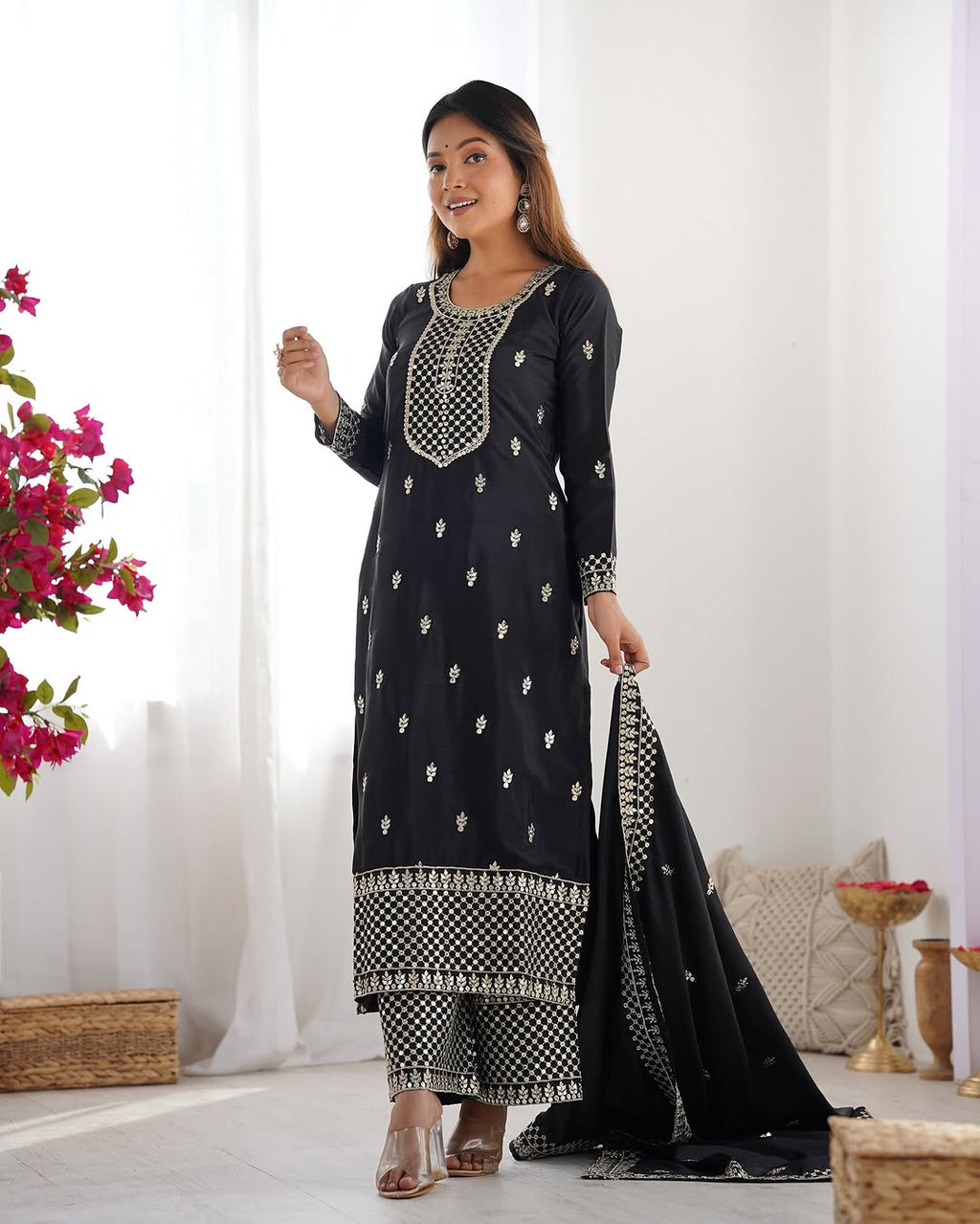 Kripali Black Pure Chinon Silk Embroidered Kurti Set