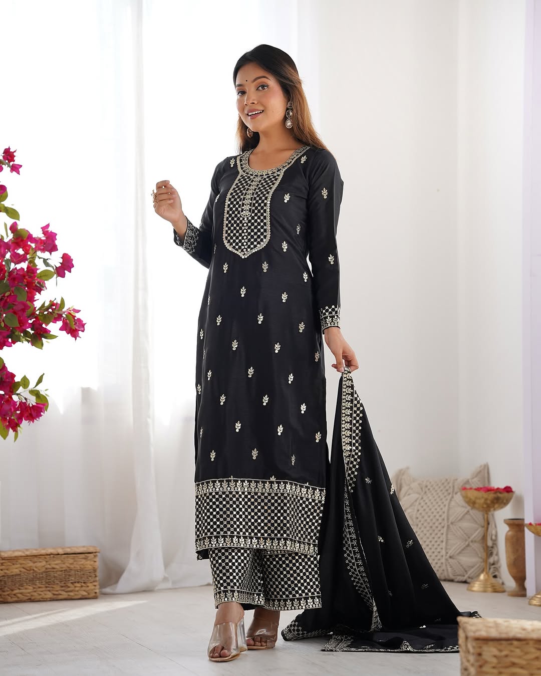 Kripali Black Pure Chinon Silk Embroidered Kurti Set