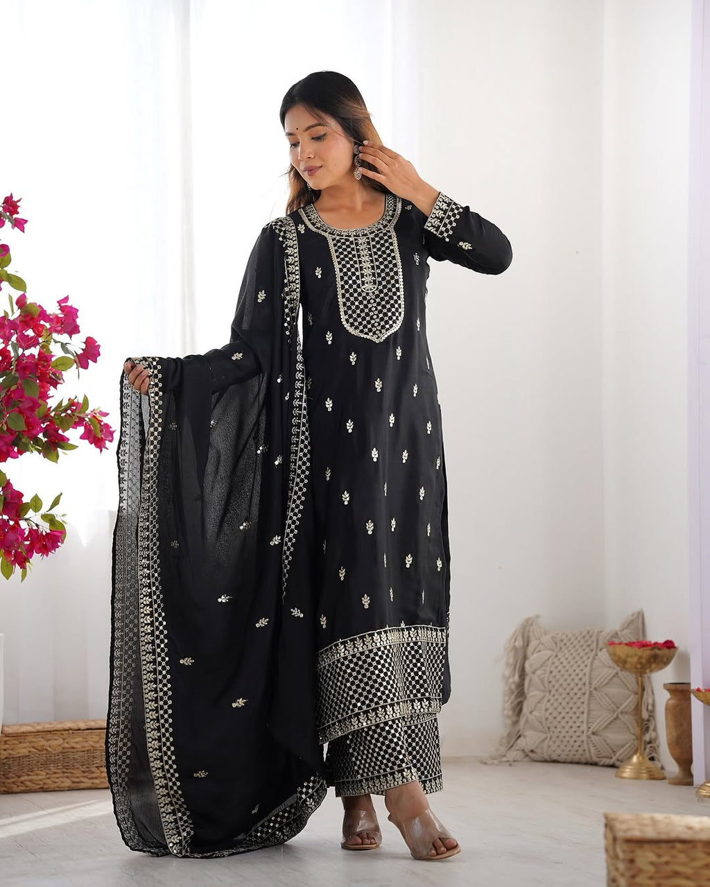  Kripali black pure Chinon silk embroidered kurti set featuring intricate zari thread and sequin embroidery, paired with matching silk trousers and a designer dupatta – perfect for luxury wedding, festive, and formal occasions in 2025.