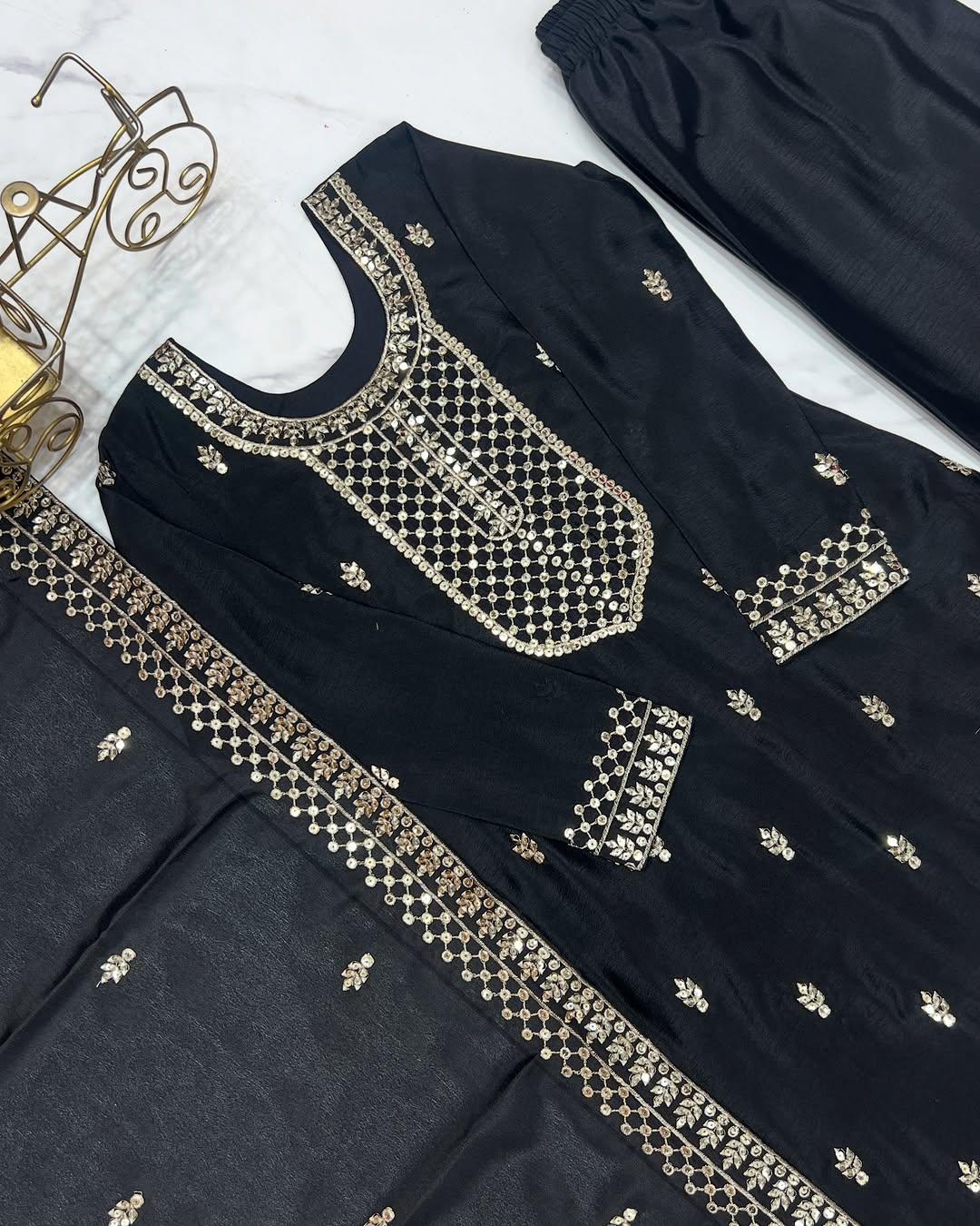 Kripali Black Pure Chinon Silk Embroidered Kurti Set