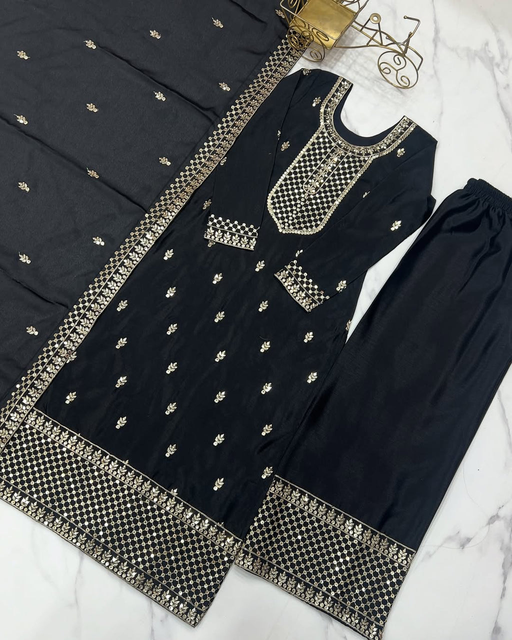 Kripali Black Pure Chinon Silk Embroidered Kurti Set