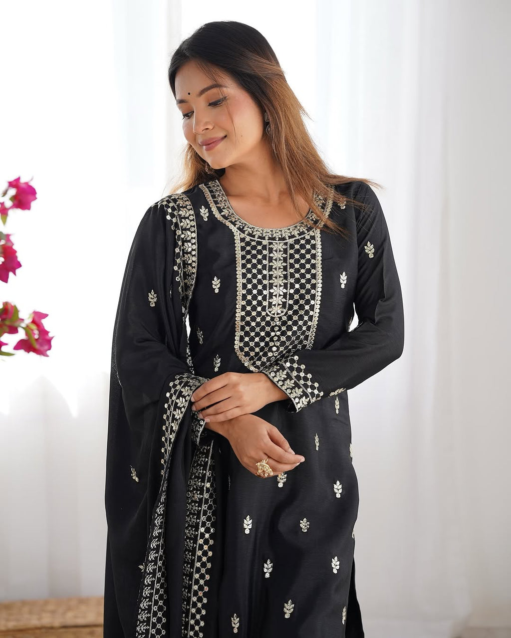Kripali Black Pure Chinon Silk Embroidered Kurti Set