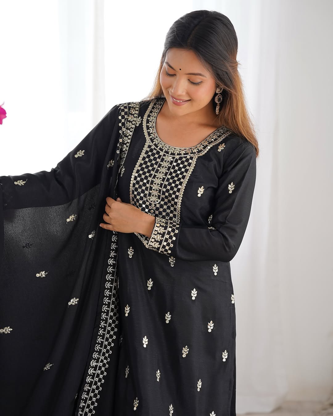 Kripali Black Pure Chinon Silk Embroidered Kurti Set