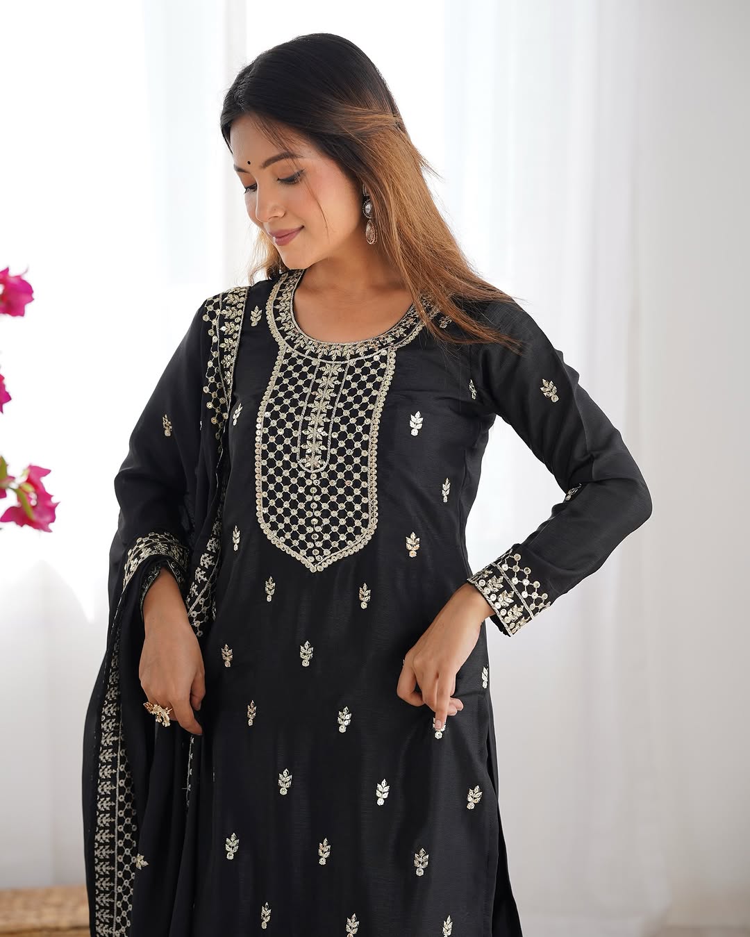  Kripali black pure Chinon silk embroidered kurti set featuring intricate zari thread and sequin embroidery, paired with matching silk trousers and a designer dupatta – perfect for luxury wedding, festive, and formal occasions in 2025.