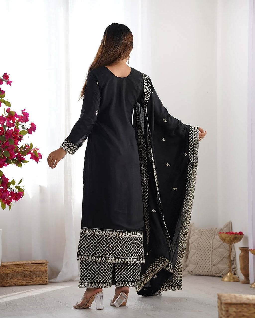 Kripali Black Pure Chinon Silk Embroidered Kurti Set