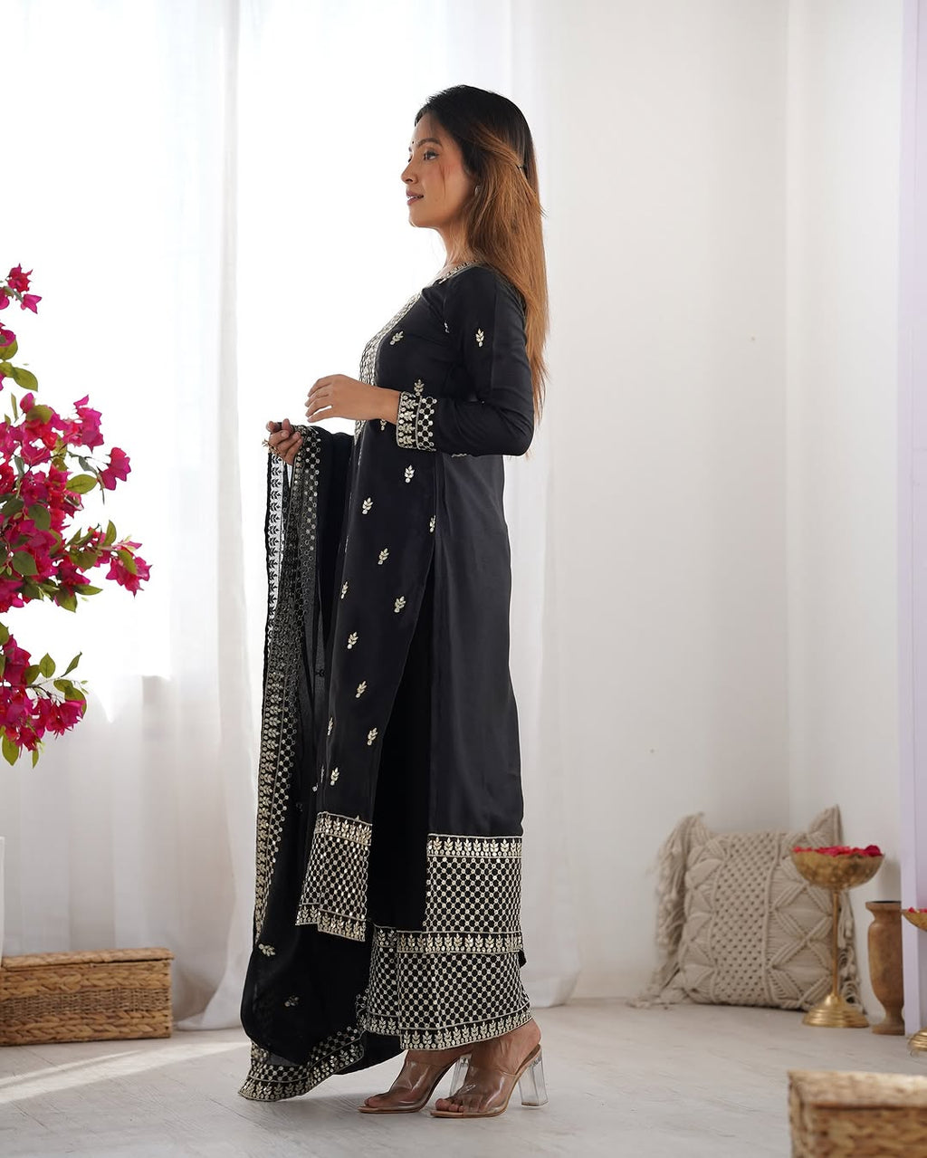Kripali Black Pure Chinon Silk Embroidered Kurti Set