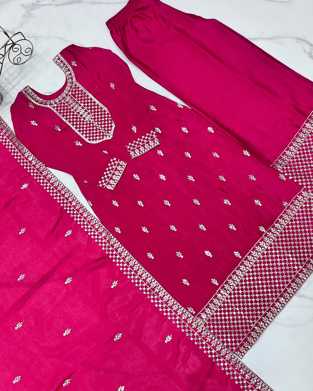 Kripali Pink Pure Chinon Silk Embroidered Kurti Set