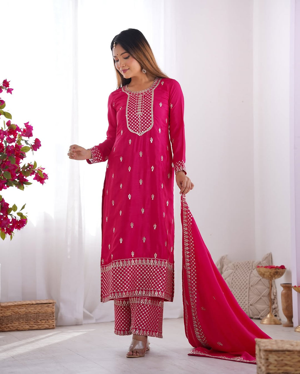  Kripali pink pure Chinon silk embroidered kurti set featuring intricate zari thread and sequin embroidery, paired with matching silk trousers and a designer dupatta – ideal for luxury wedding, festive, and formal occasions in 2025.