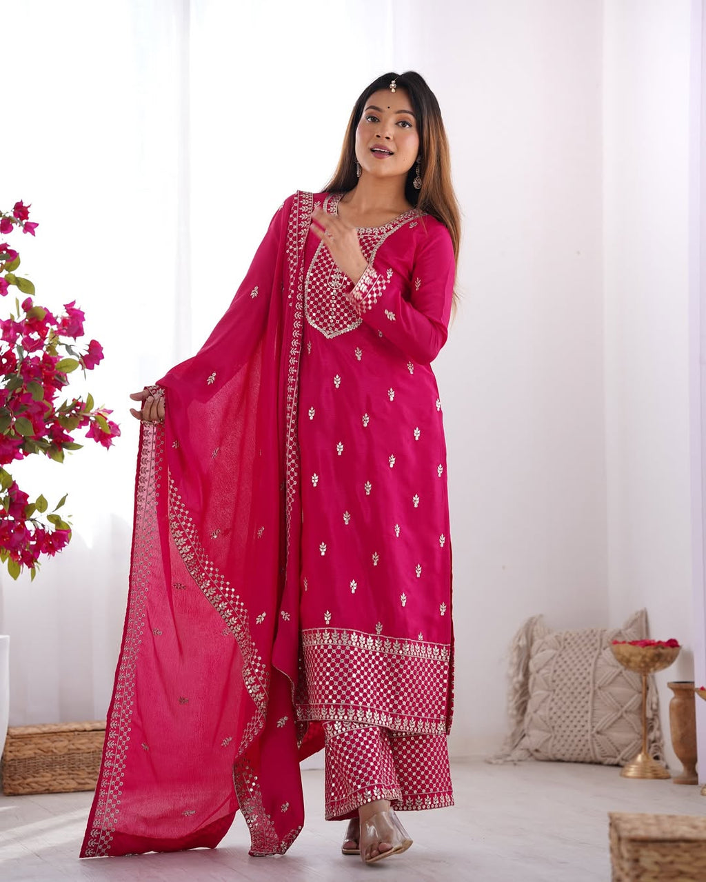  Kripali pink pure Chinon silk embroidered kurti set featuring intricate zari thread and sequin embroidery, paired with matching silk trousers and a designer dupatta – ideal for luxury wedding, festive, and formal occasions in 2025.