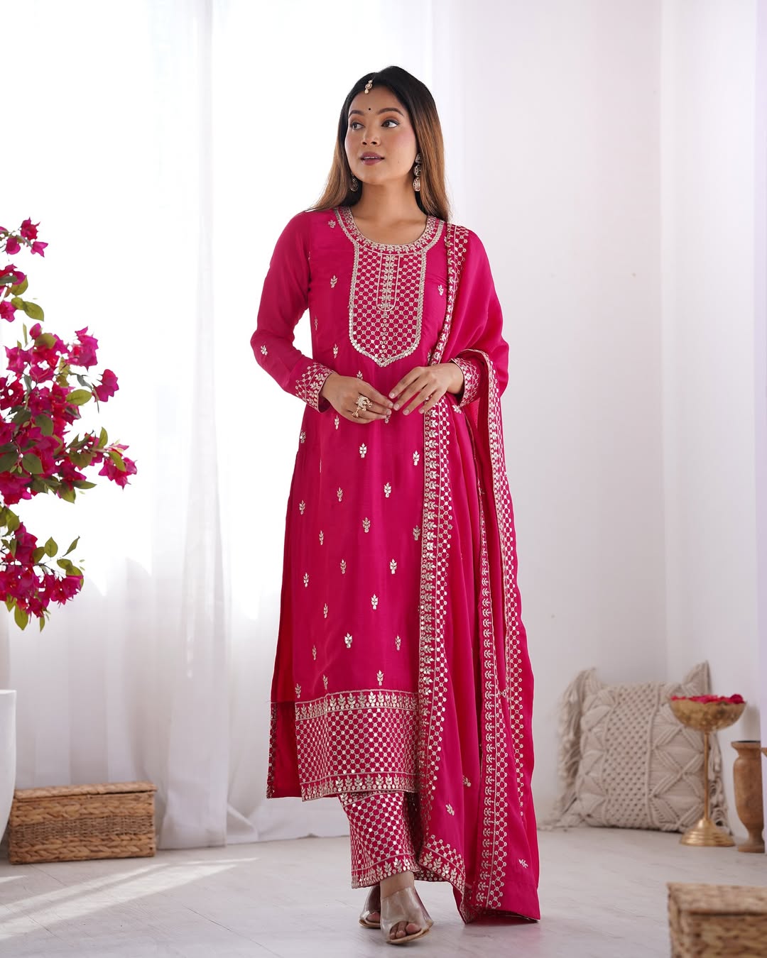 Kripali pink pure Chinon silk embroidered kurti set featuring intricate zari thread and sequin embroidery, paired with matching silk trousers and a designer dupatta – ideal for luxury wedding, festive, and formal occasions in 2025.