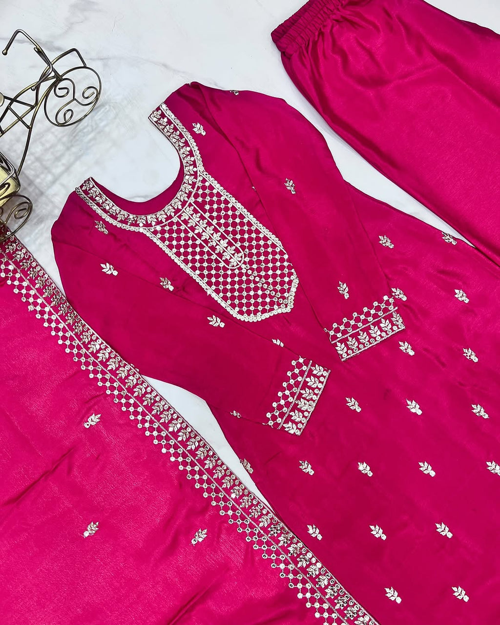 Kripali Pink Pure Chinon Silk Embroidered Kurti Set