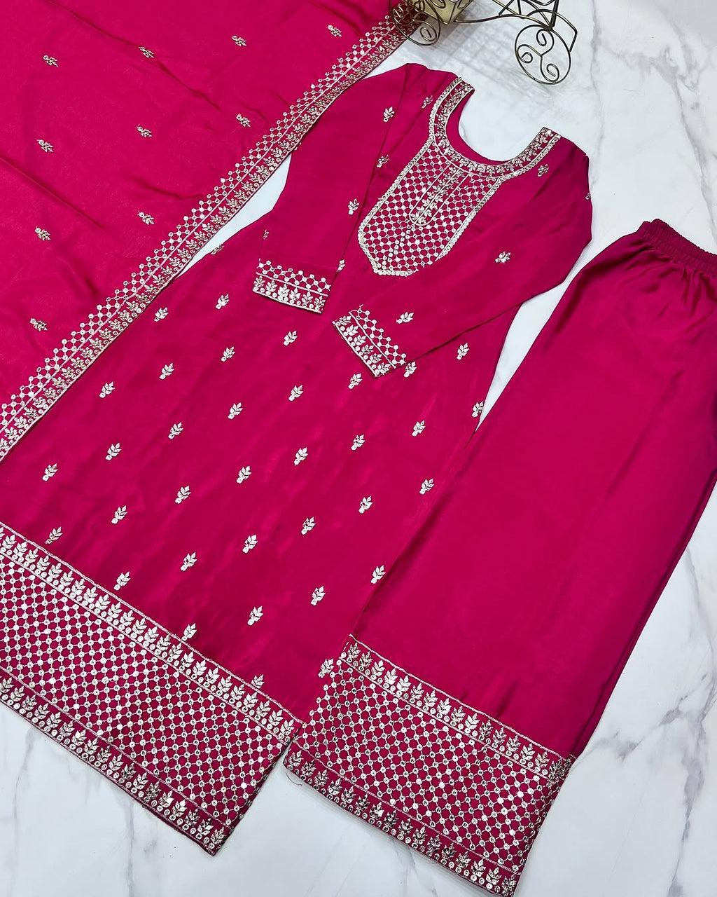 Kripali Pink Pure Chinon Silk Embroidered Kurti Set