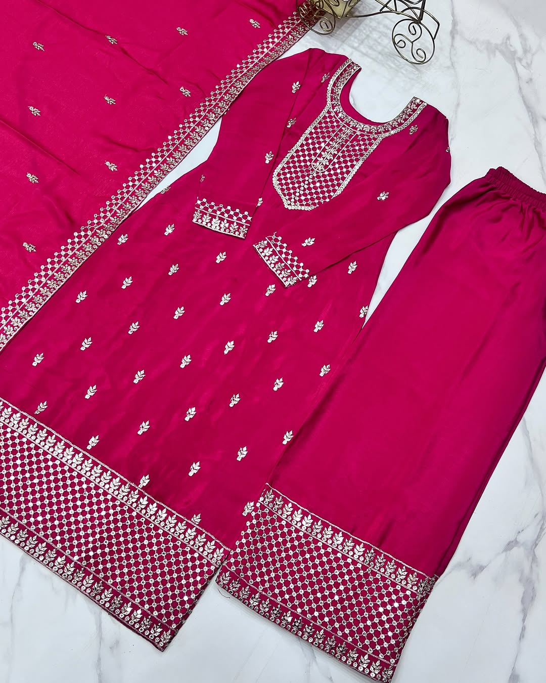 Kripali Pink Pure Chinon Silk Embroidered Kurti Set